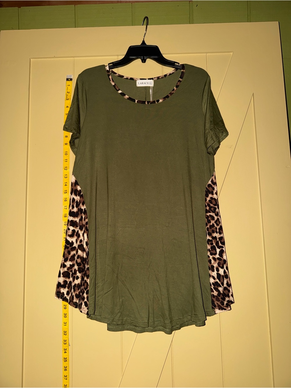 LARACE  Olive Green Short Sleeve Tunic with Leopard Trim